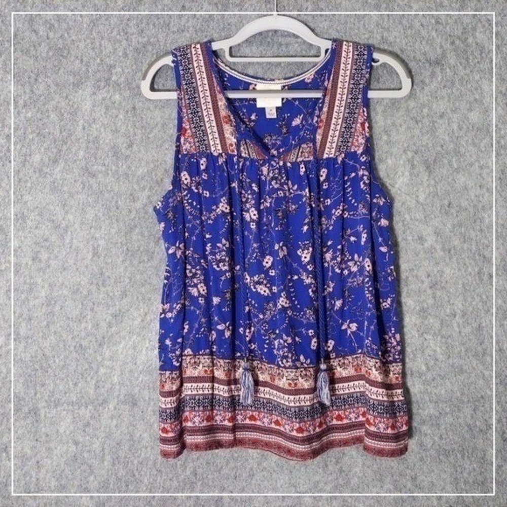 Knox Rose Tunic Women M Blue Floral Boho Sleeveless Babydoll Peasant Cami Top